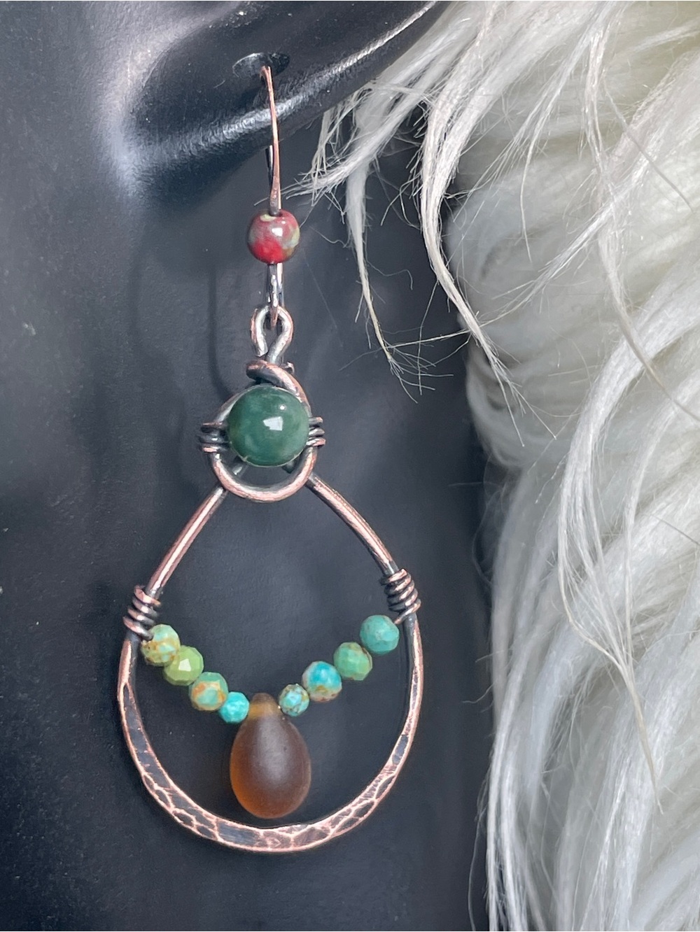Artisan Made Copper drop Earrings with Moss Agate and Turquoise - Picture 9 of 13